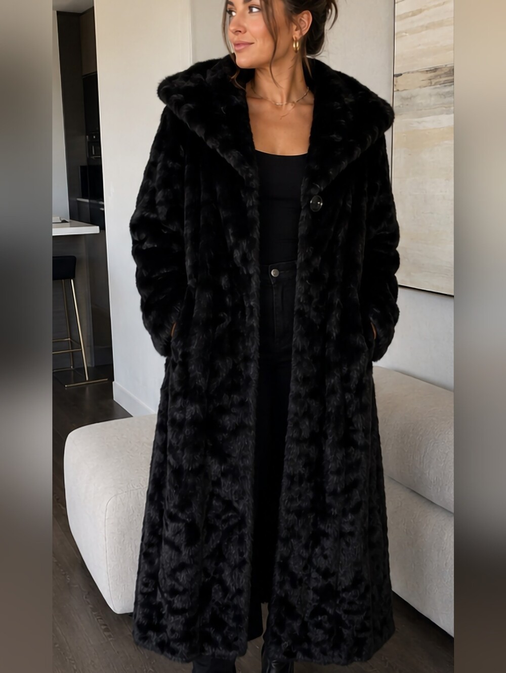Pamela McCoy Full Length Faux Fur Coat Black Hooded Size M
